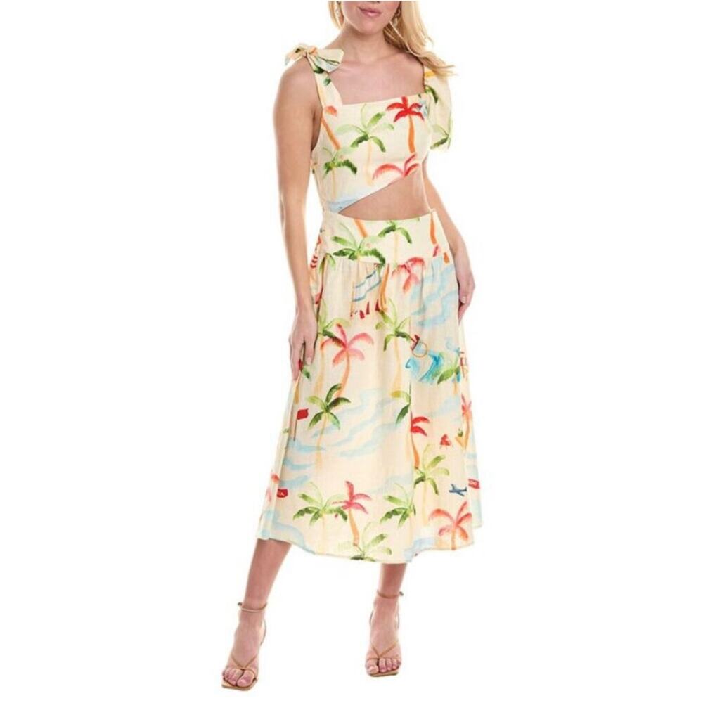 Farm Rio Copacabana Tropical Palm Tree Midi Dress Puff Sleeve L